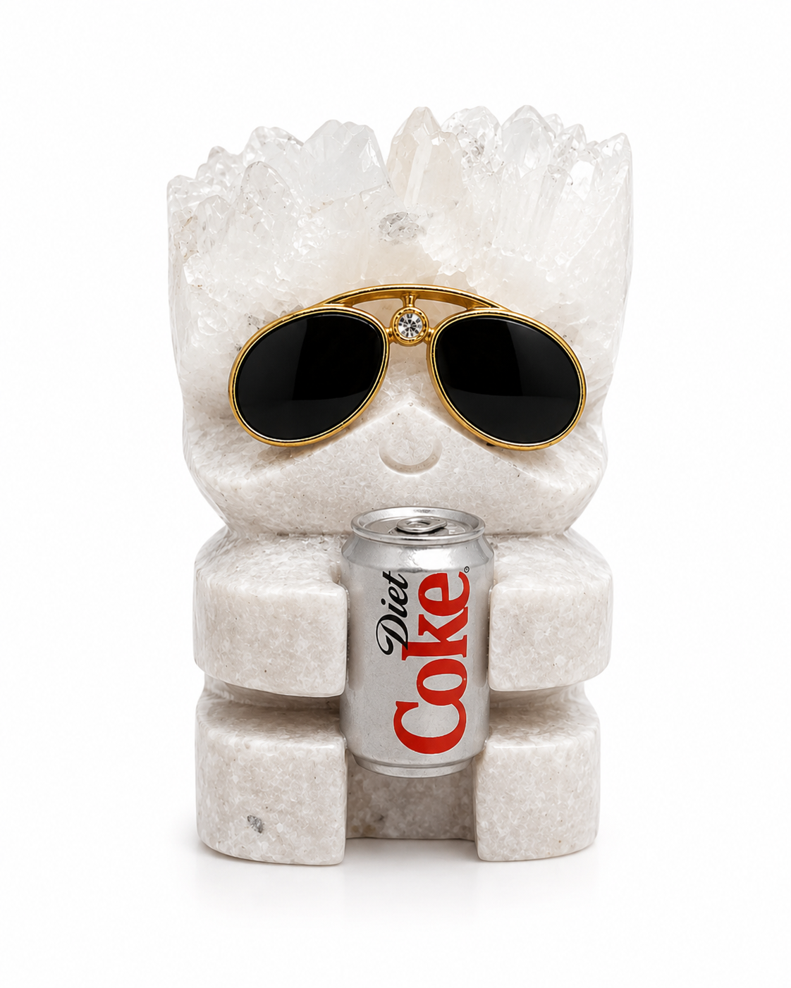 Crystal figure wearing gold sunglasses and holding a miniature Diet Coke can